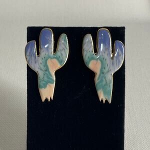 Vintage Cactus Clay Large Stud Earrings Pierced Signed M 80s 90s 70s Rodeo West